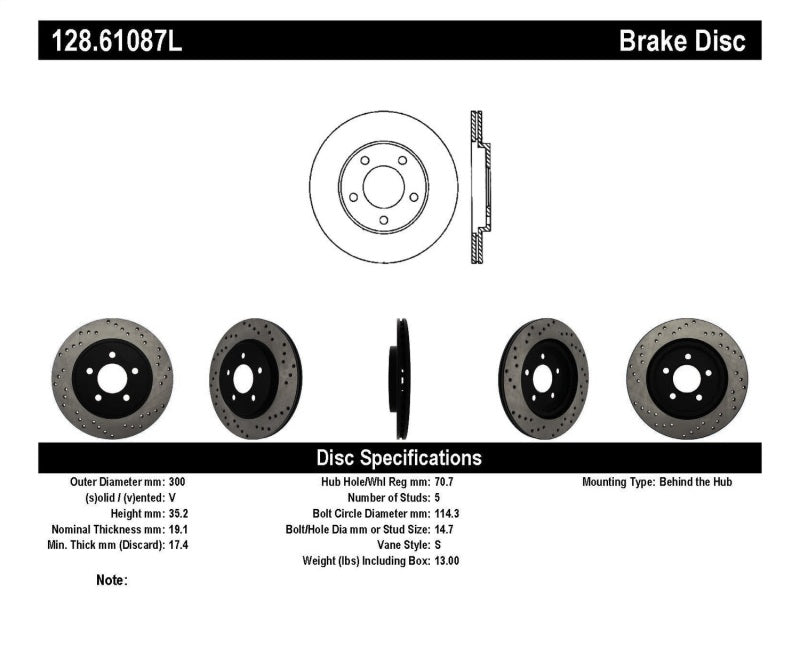 Stoptech - Brake Rotors - Drilled - StopTech 05-10 Ford Mustang V6/4.0L / GT V8/4.6L Cross Drilled Left Rear Rotor - Anything Coyote