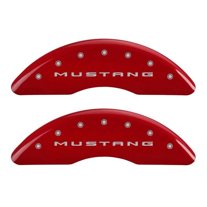 MGP - Caliper Covers - MGP 4 Caliper Covers Engraved Front 2015/Mustang Engraved Rear 2015/50 Red finish silver ch - Anything Coyote