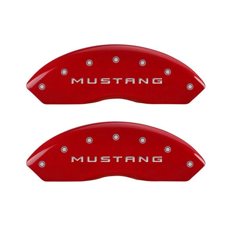 MGP - Caliper Covers - MGP 4 Caliper Covers Engraved Front Mustang Engraved Rear GT Red finish silver ch - Anything Coyote